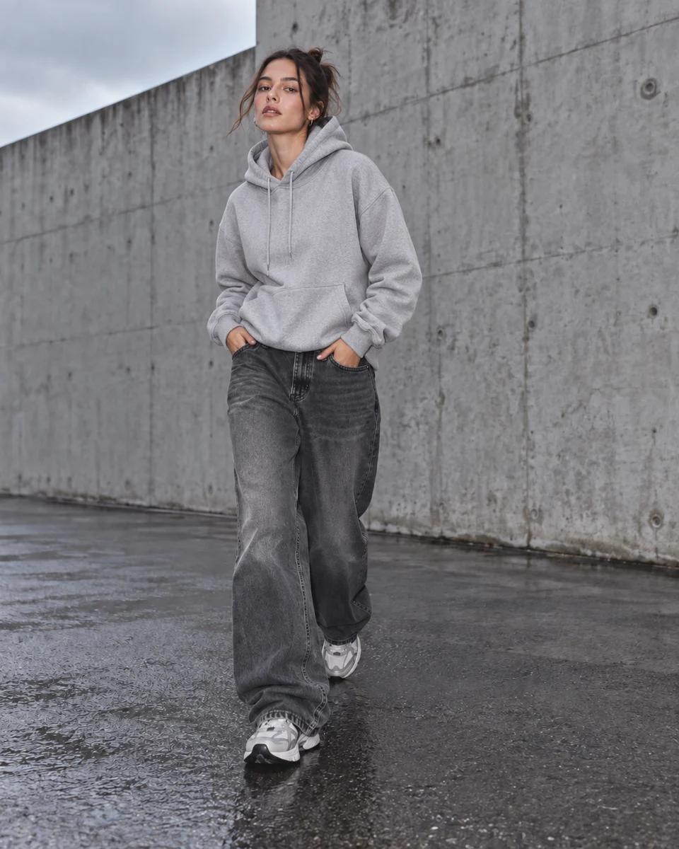 Turuncu mont giydirilmeden önce gri sweatshirt giyen model