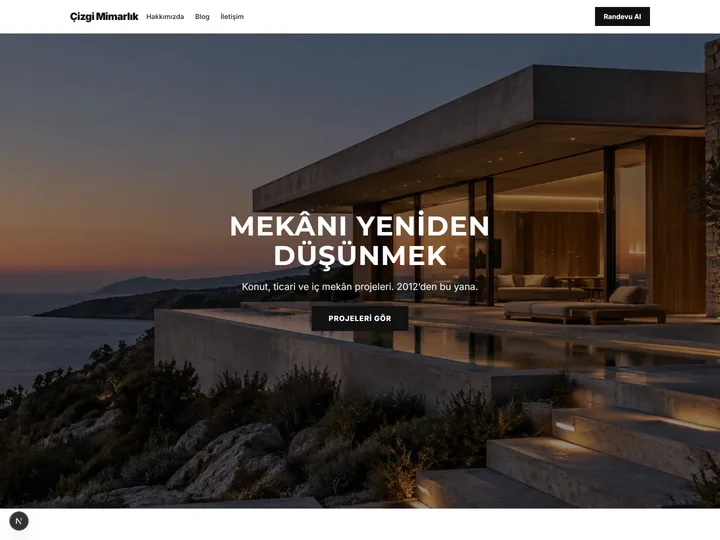 Mimarlık & Tasarım kurumsal site teması — Geniş proje görselleri, ince tipografi