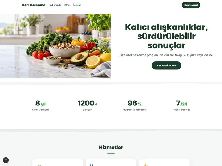 Diyetisyen & Sağlık kurumsal site teması — Ferah düzen, taze yeşiller