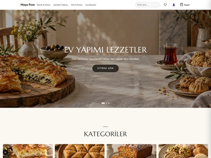 Pastane & Fırın e-ticaret teması: Sıcak fotoğraflar, zeytin yeşili
