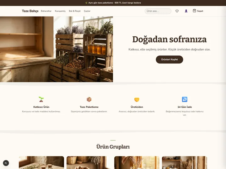 Gıda & Organik e-ticaret teması: Ferah düzen, çimen yeşili