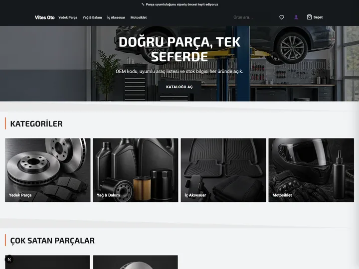 Oto & Motosiklet e-ticaret teması: Koyu zemin, güçlü kontrast